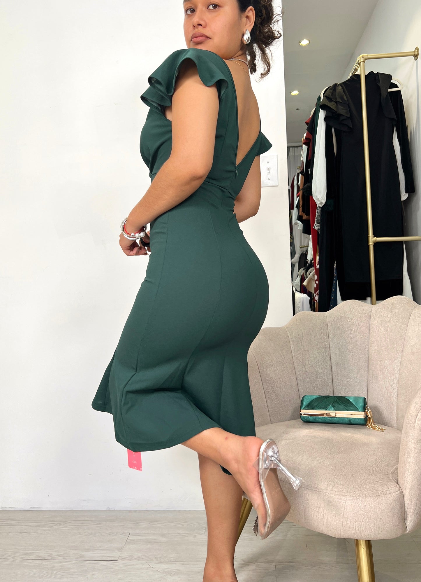 Green V Neck Butterfly Sleeved Midi Dress