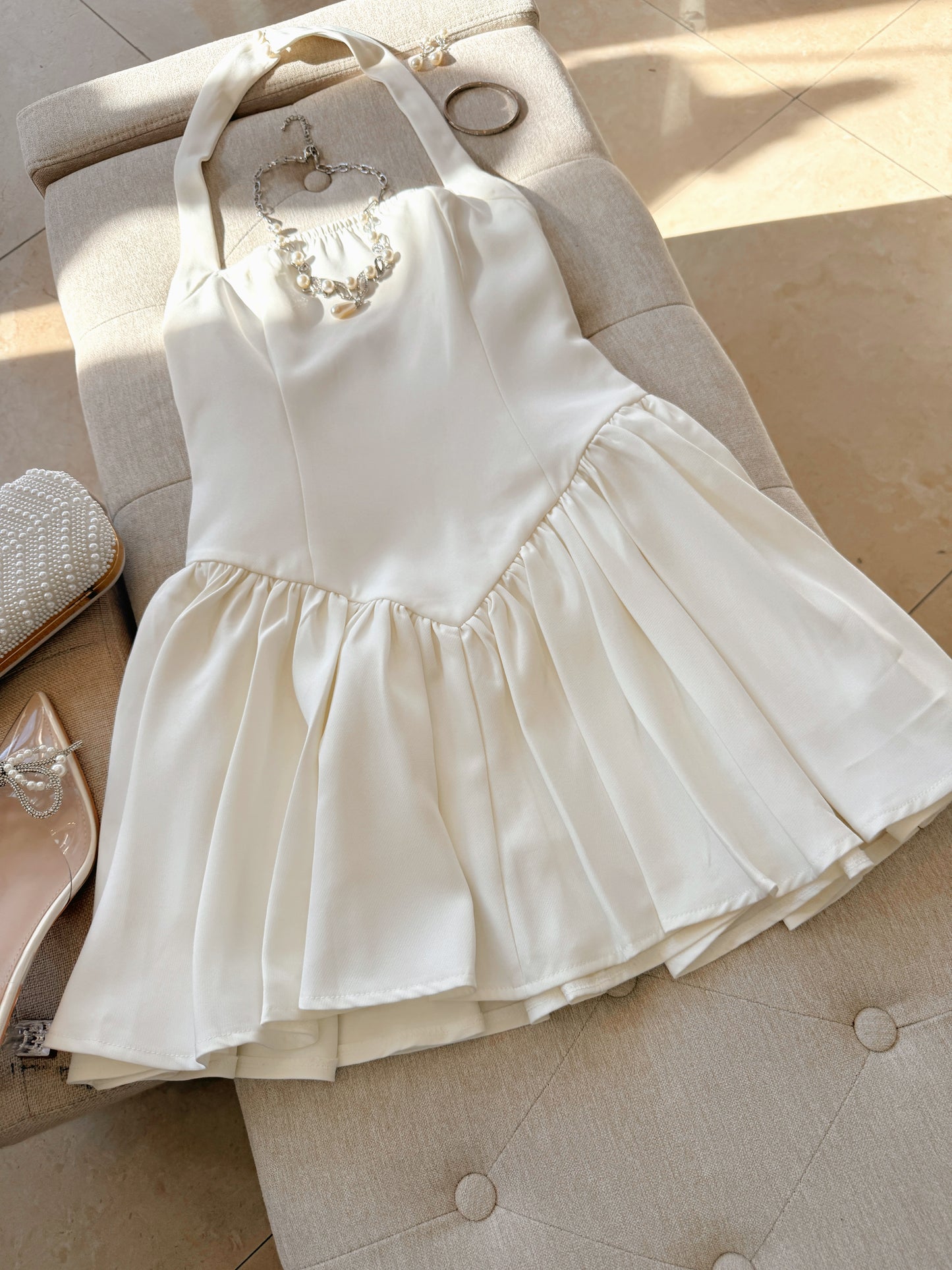 Off White Pleated Halter Mini Dress