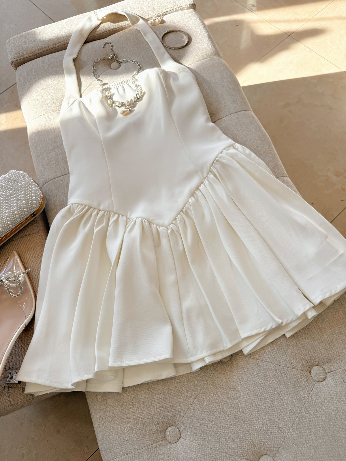 Off White Pleated Halter Mini Dress