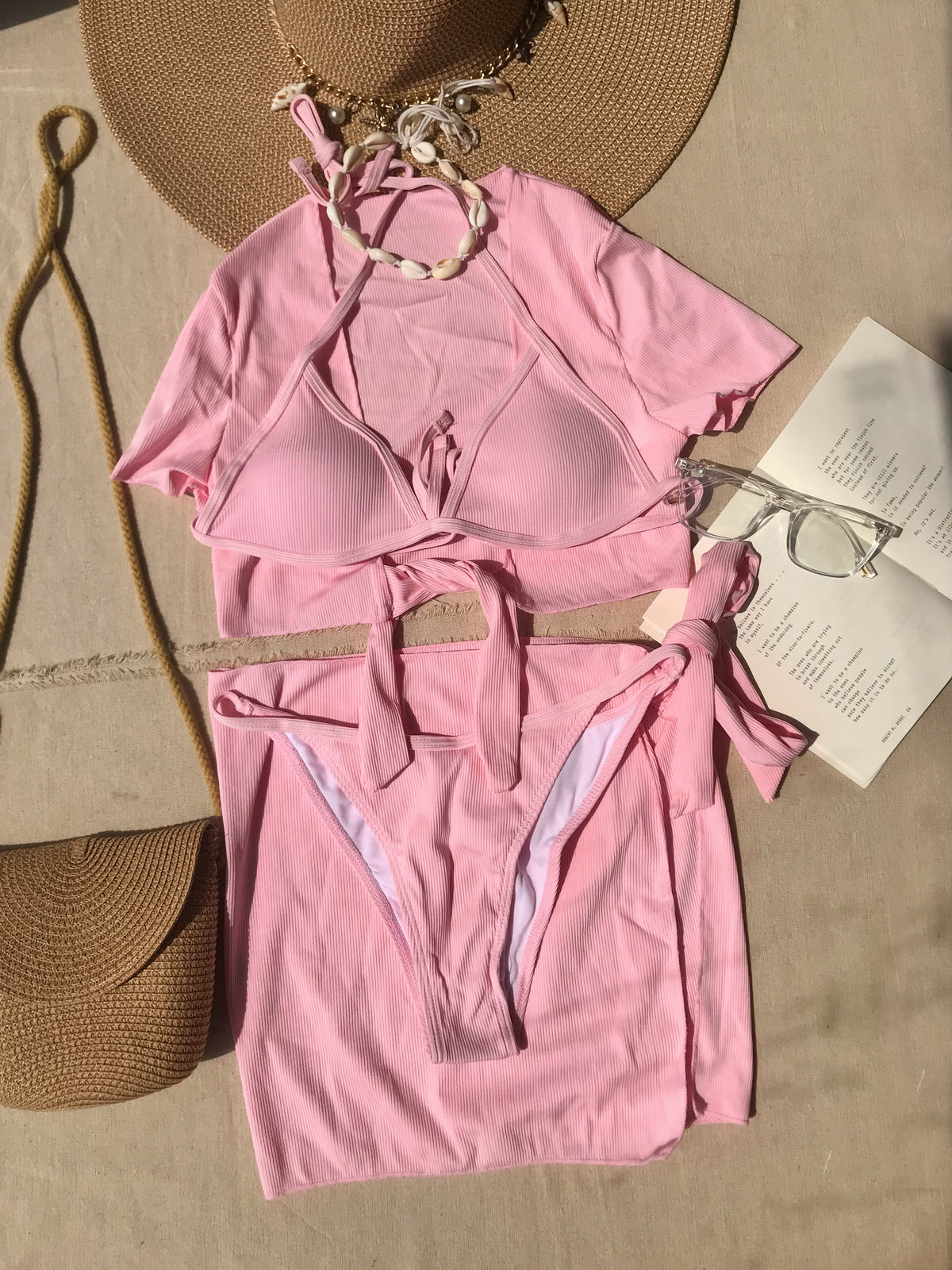 4pc Pink Ribbed Bikini Set