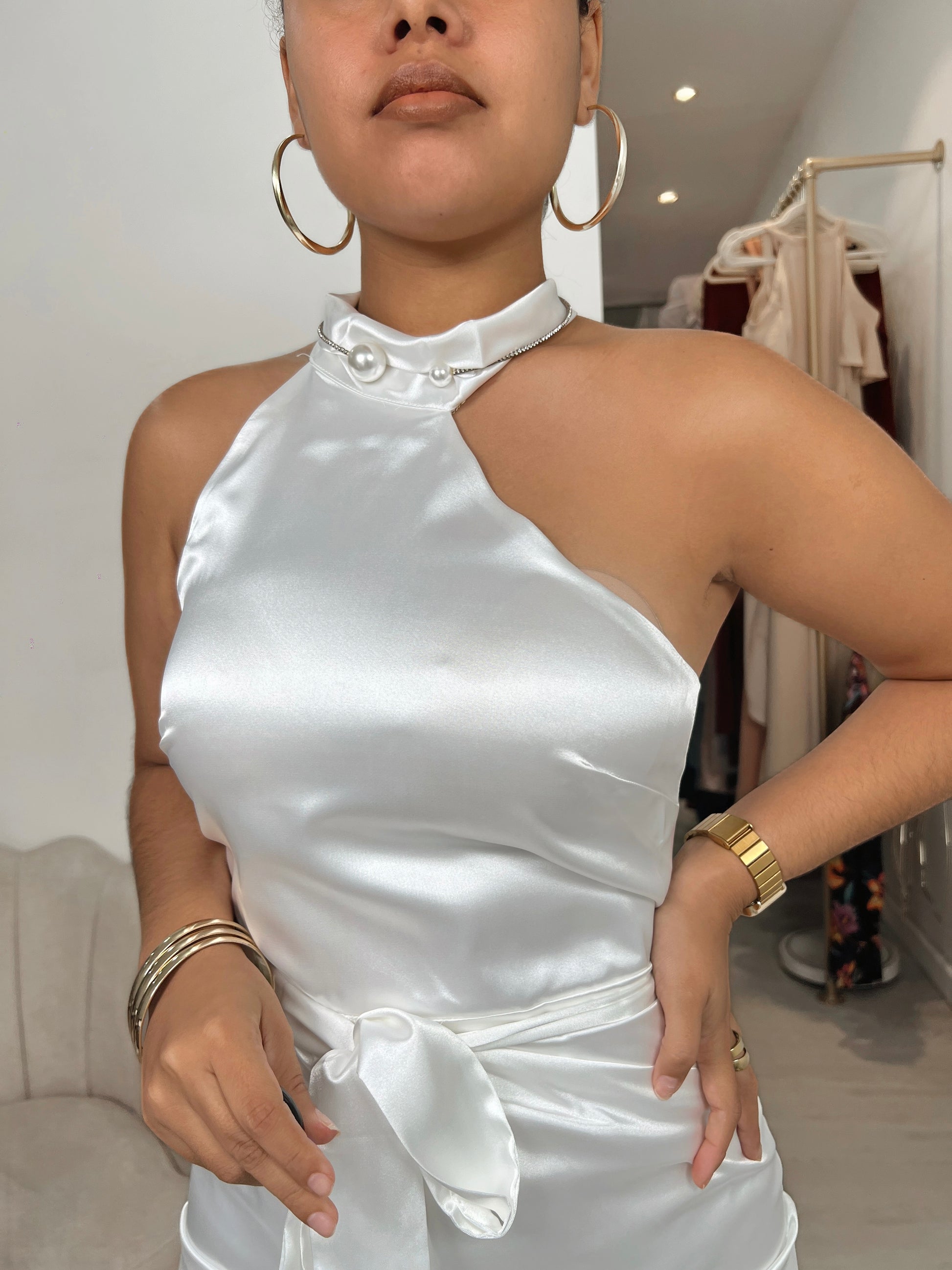 White Satin Tie Waist Halter Neck Maxi Dress STYLE US White Satin Tie Waist Halter Neck Maxi Dress STYLE US