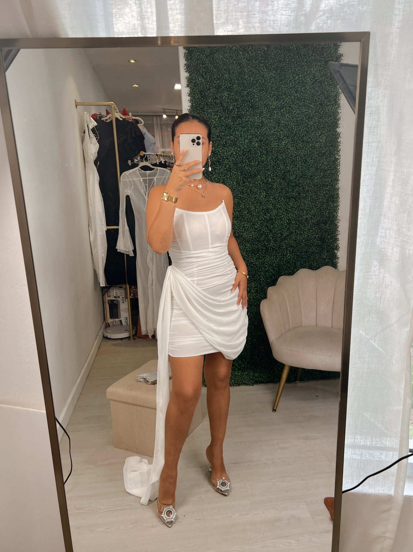 White Corset Ruched Tassel Mini Dress
