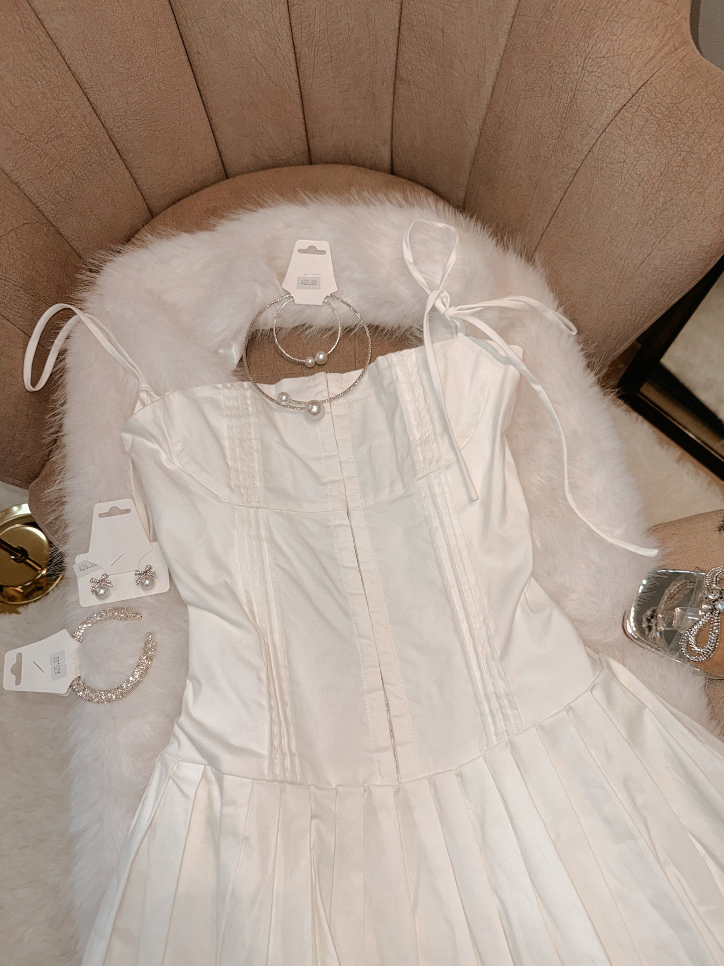 White Hook Pleated Mini Dress