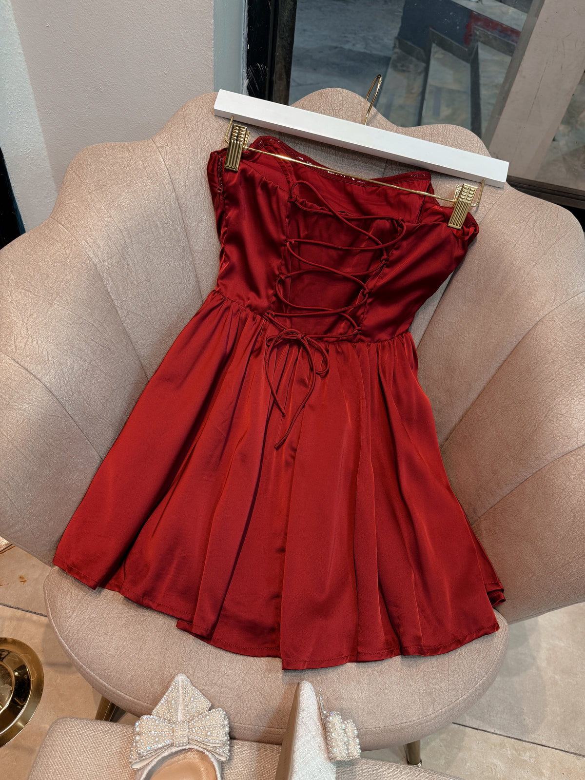 Berry Red Satin Laced A-Line Mini Dress