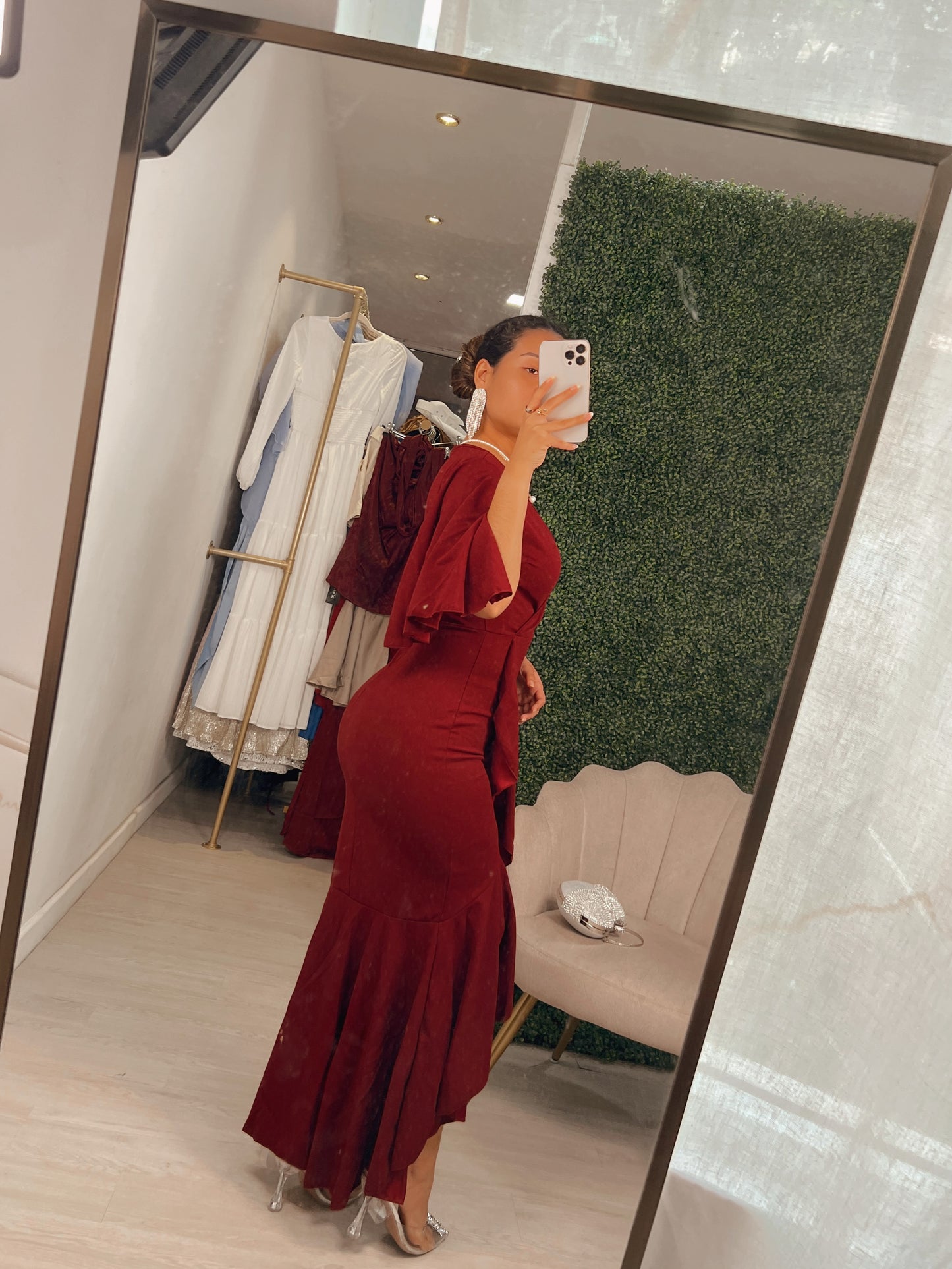 Maroon Butterfly Sleeved Ruffle Maxi Dress