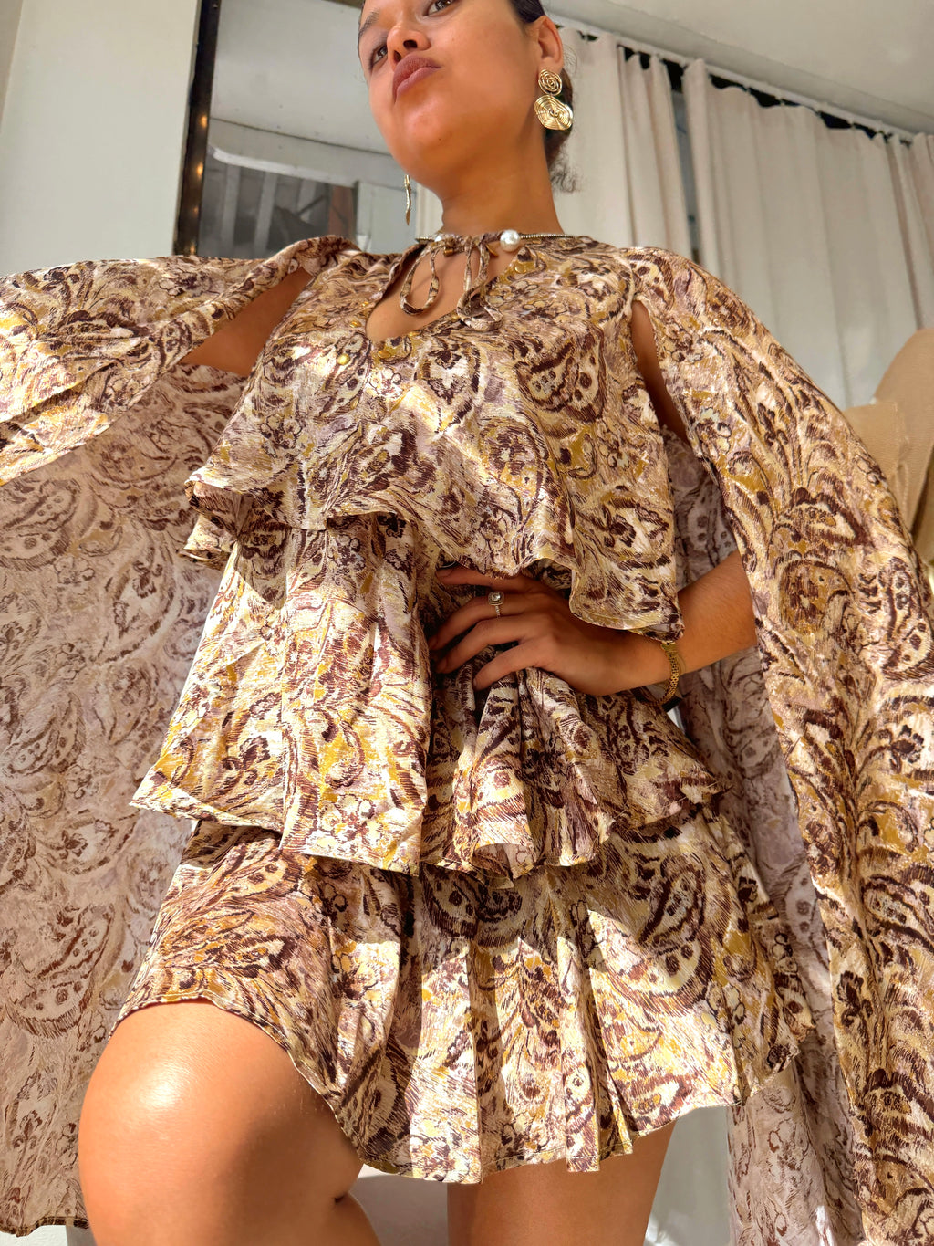 Paisley Satin Cape Detail Layered Dress