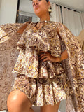 Paisley Satin Cape Detail Layered Dress