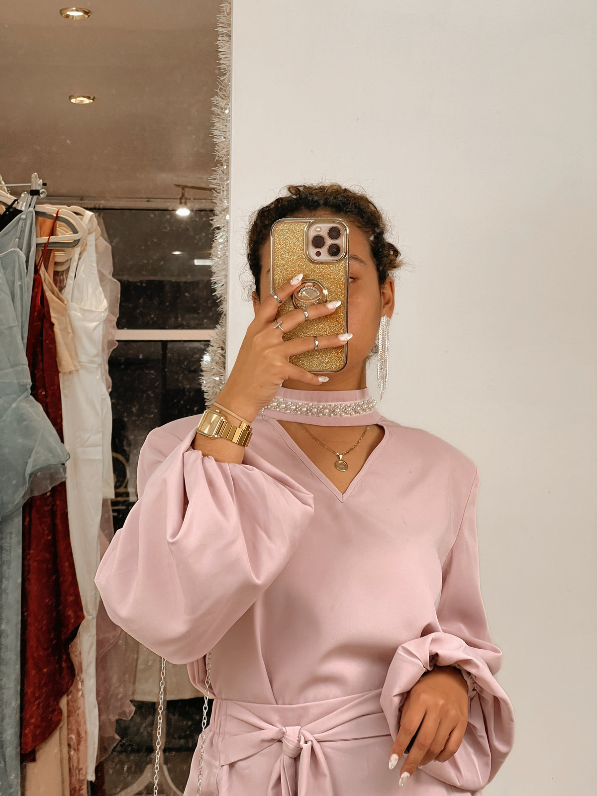 2pc Dusty Pink Modest Tie Waist Skirt Set