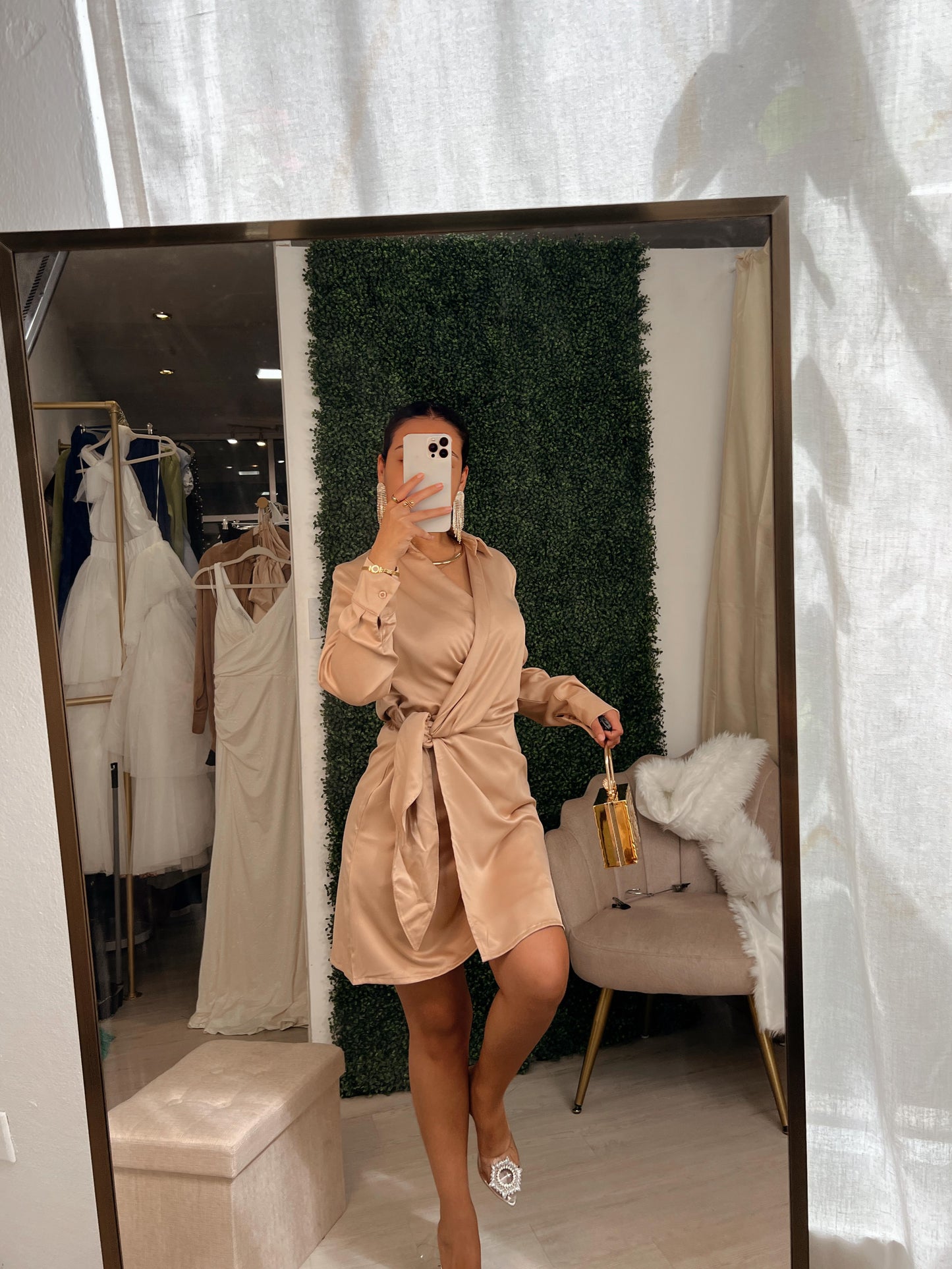 Champagne Satin Sleeved Wrap Midi Dress