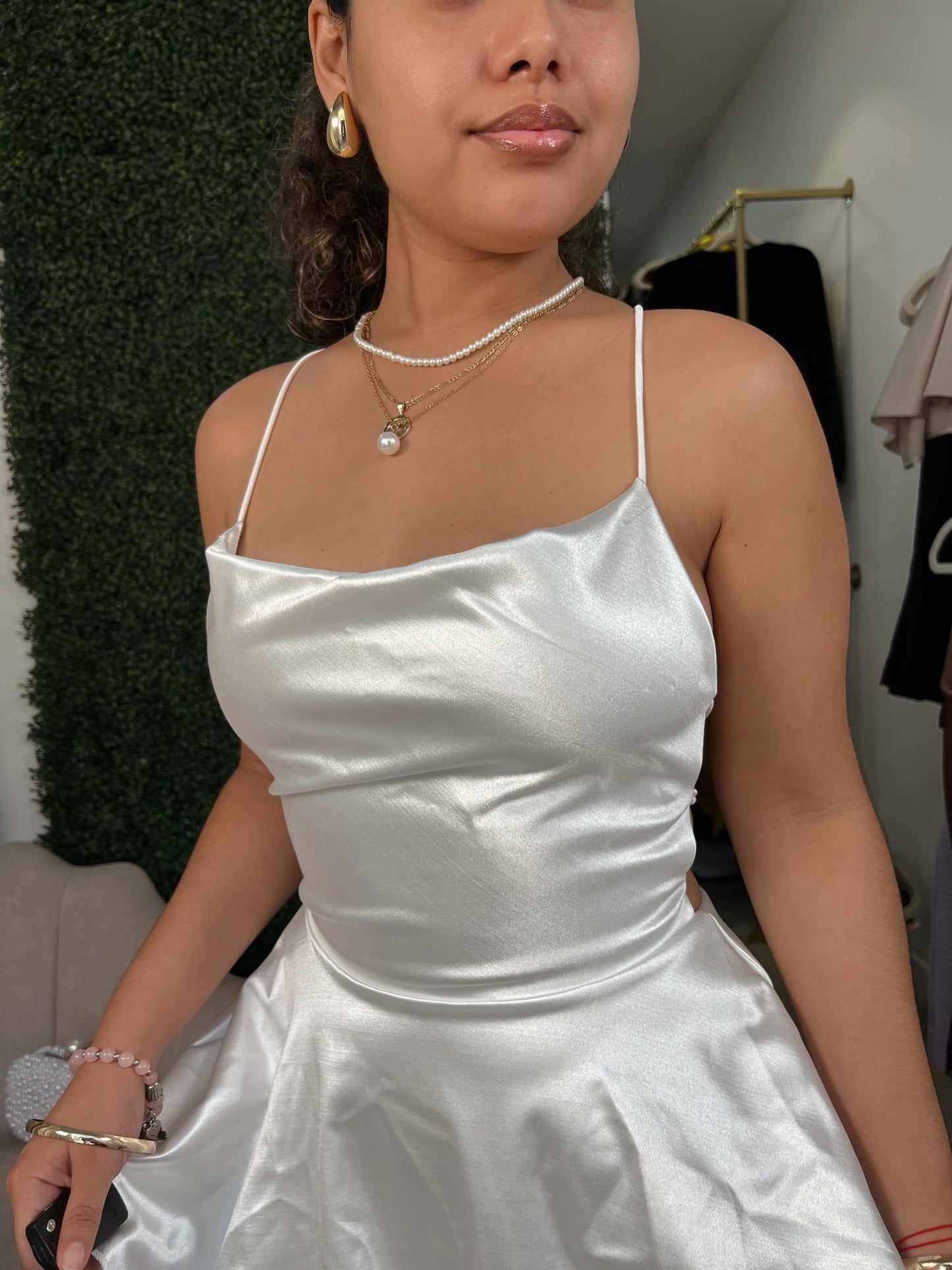 White Satin Blend Laced Ruffle Mini Dress
