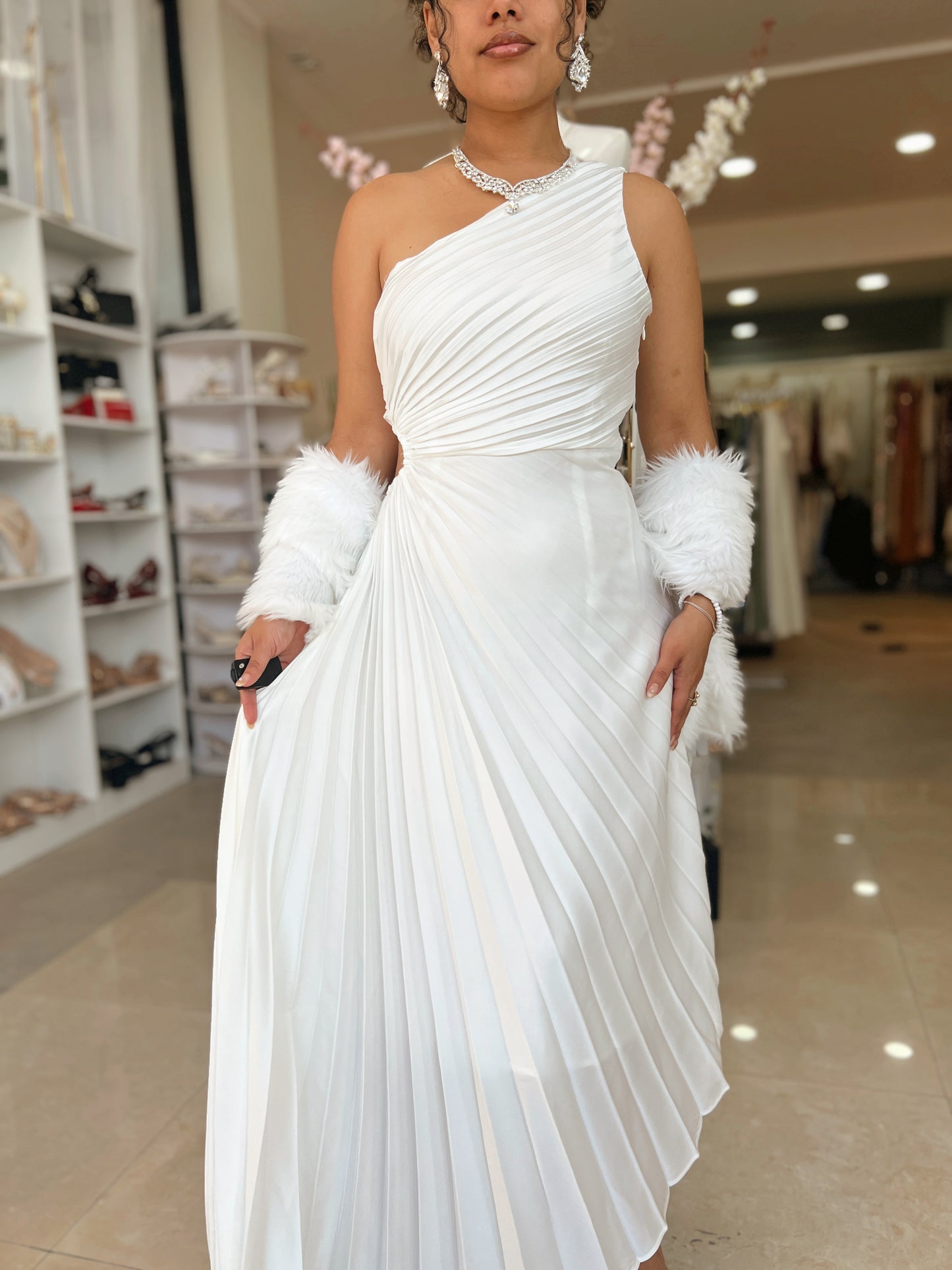 White Satin Pleated Gala dress