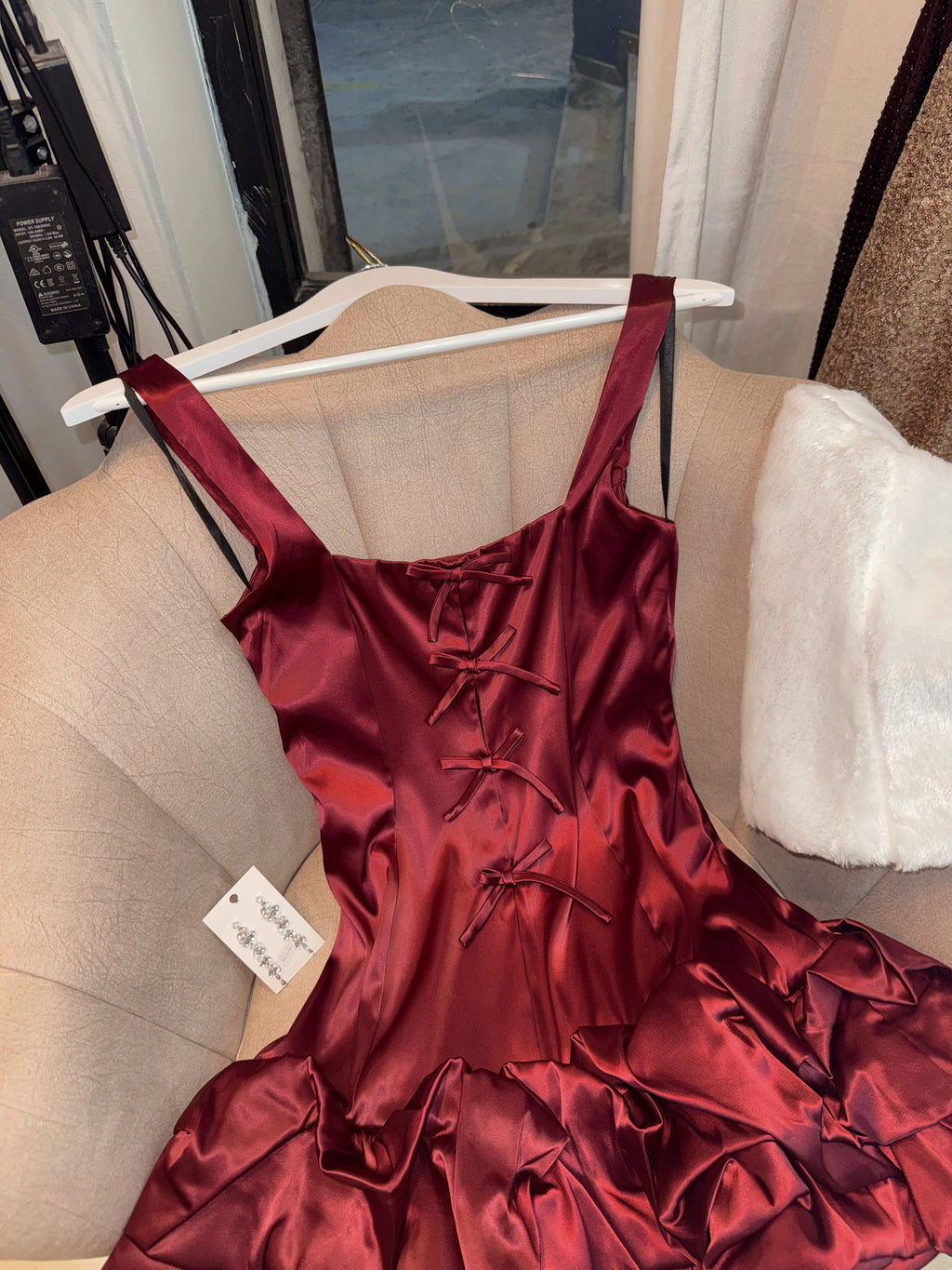 Wine Satin Ruffle Hem Dress