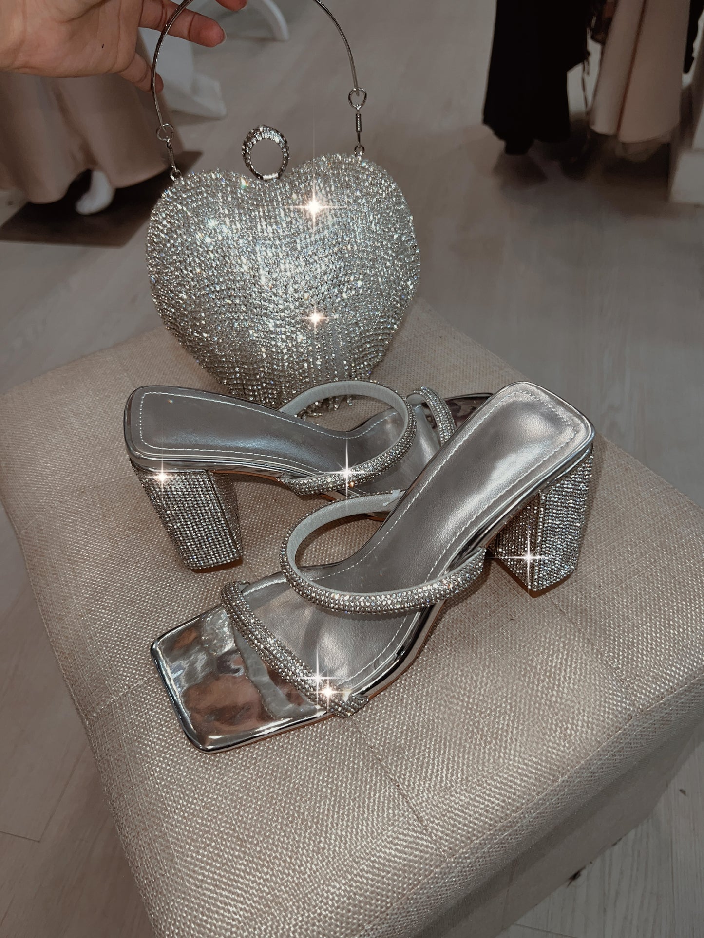 Silver Diamanté Chunky Heels