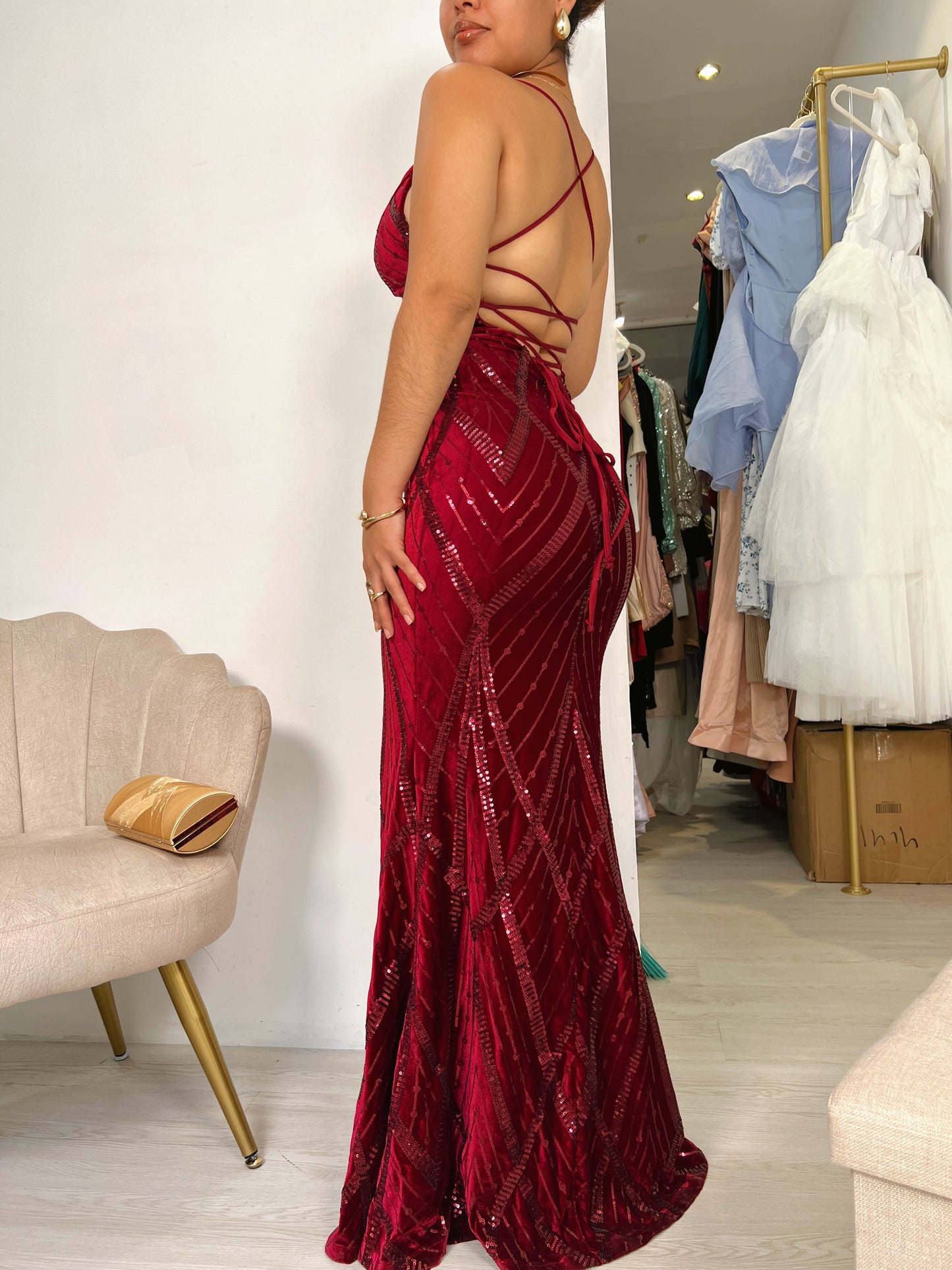 Burgundy Velvet Sequin Laced Back Gala Dress