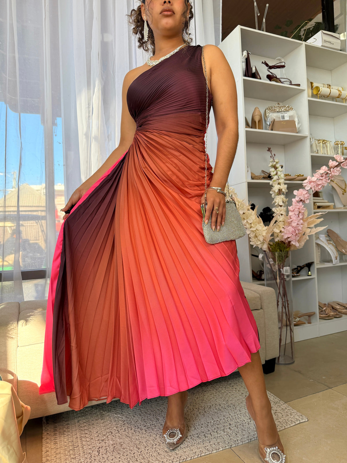 Ombre Pleated Silk Maxi Dress