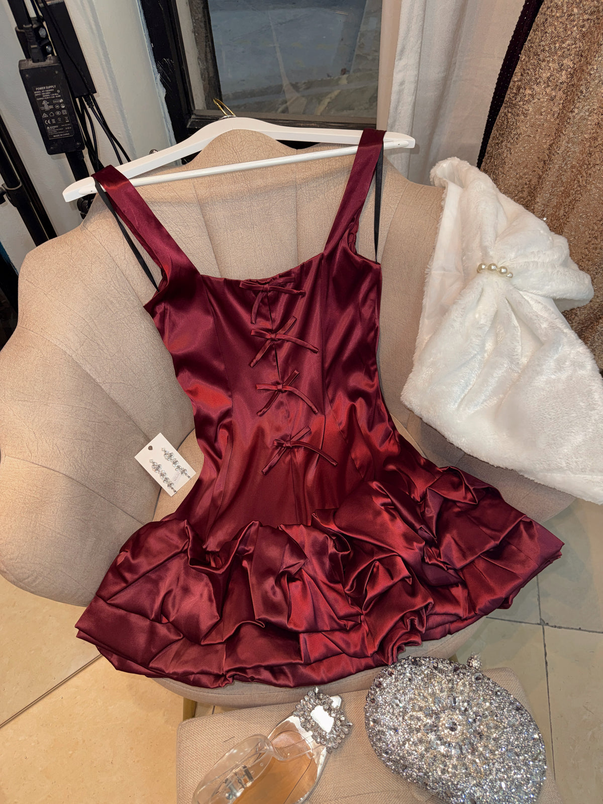 Wine Satin Ruffle Hem Dress