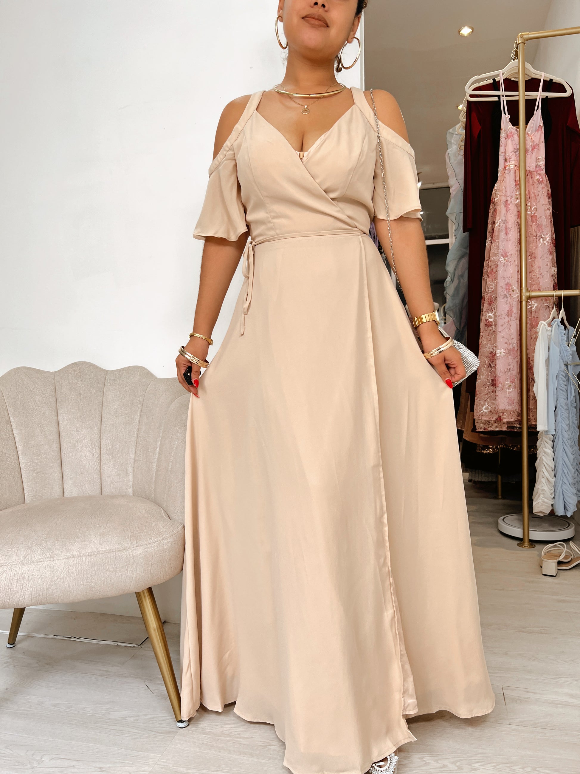 Cream Wrap Tie Waist Maxi Dress STYLE US Cream Wrap Tie Waist Maxi Dress STYLE US