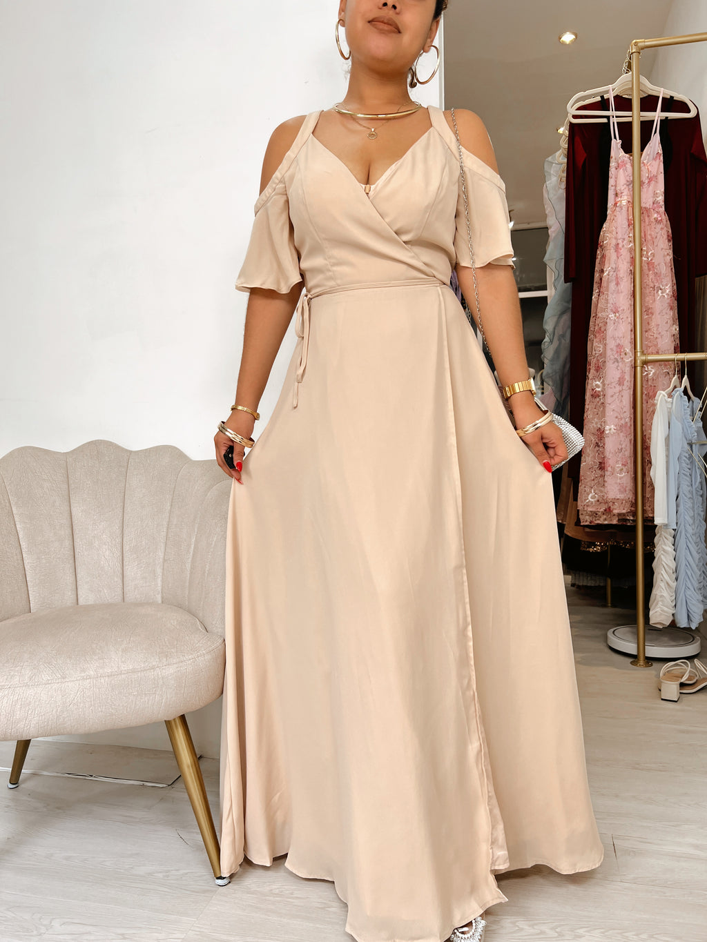 Cream Wrap Tie Waist Maxi Dress