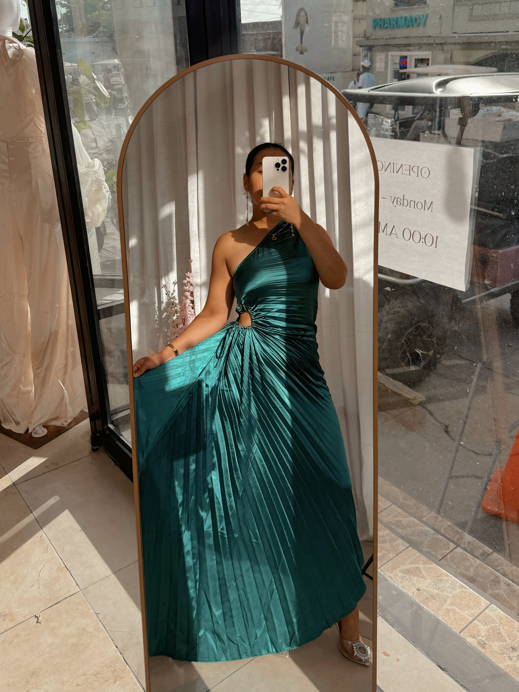 Emerald Green Asym Satin Dress