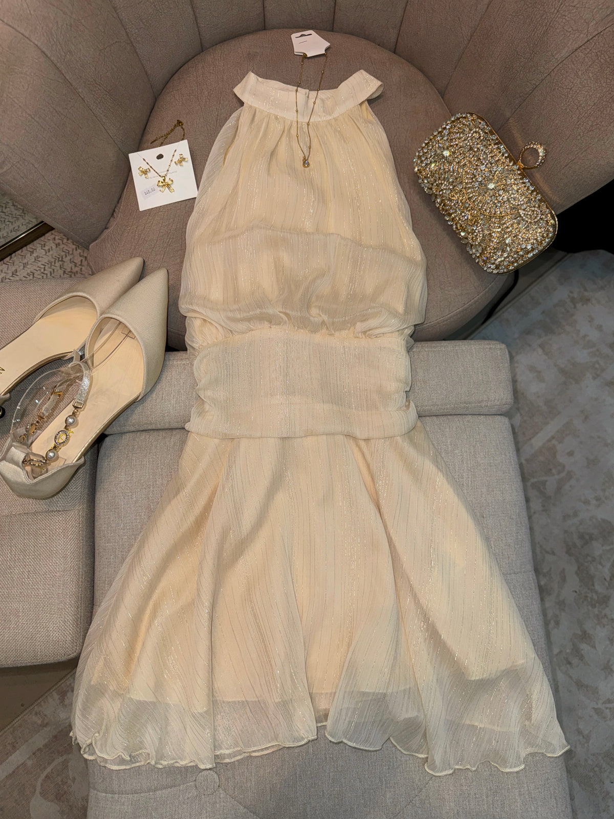 Cream metallic Halter Mini Dress