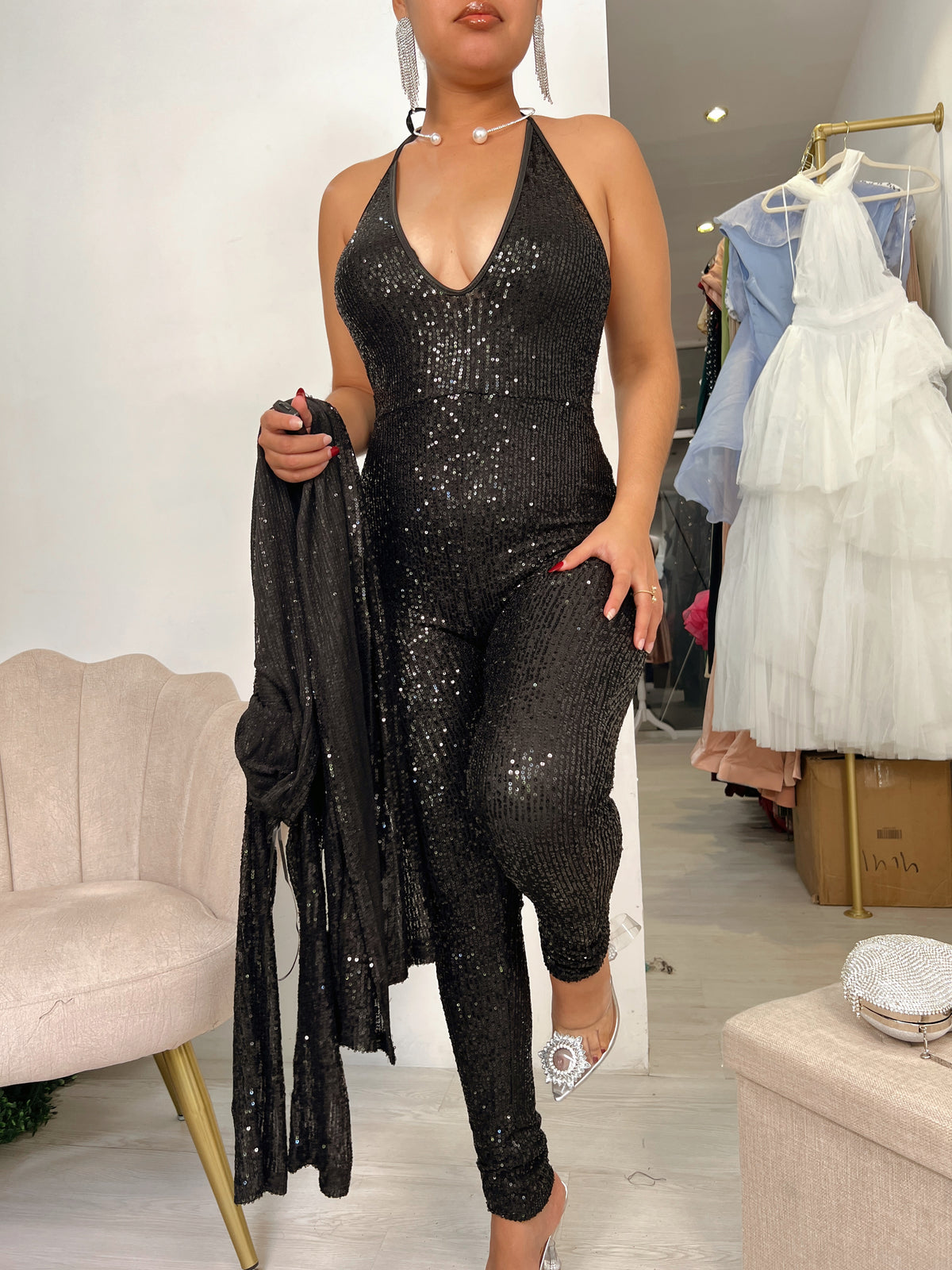 Black Sequins Jumpsuit & Cardigan