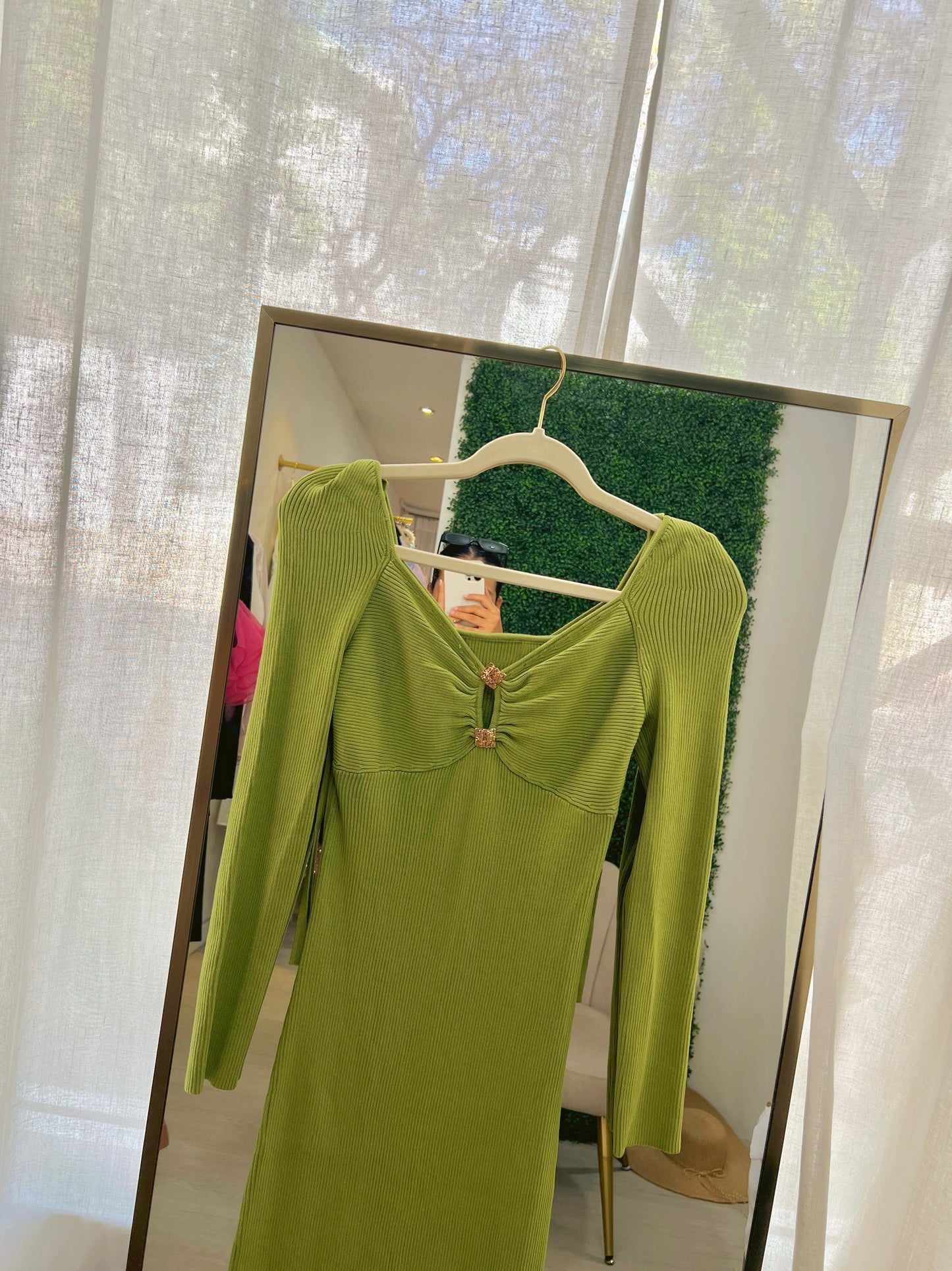 Lime Ribknitted Gold Pin Sweater Sleeved Midi Dress