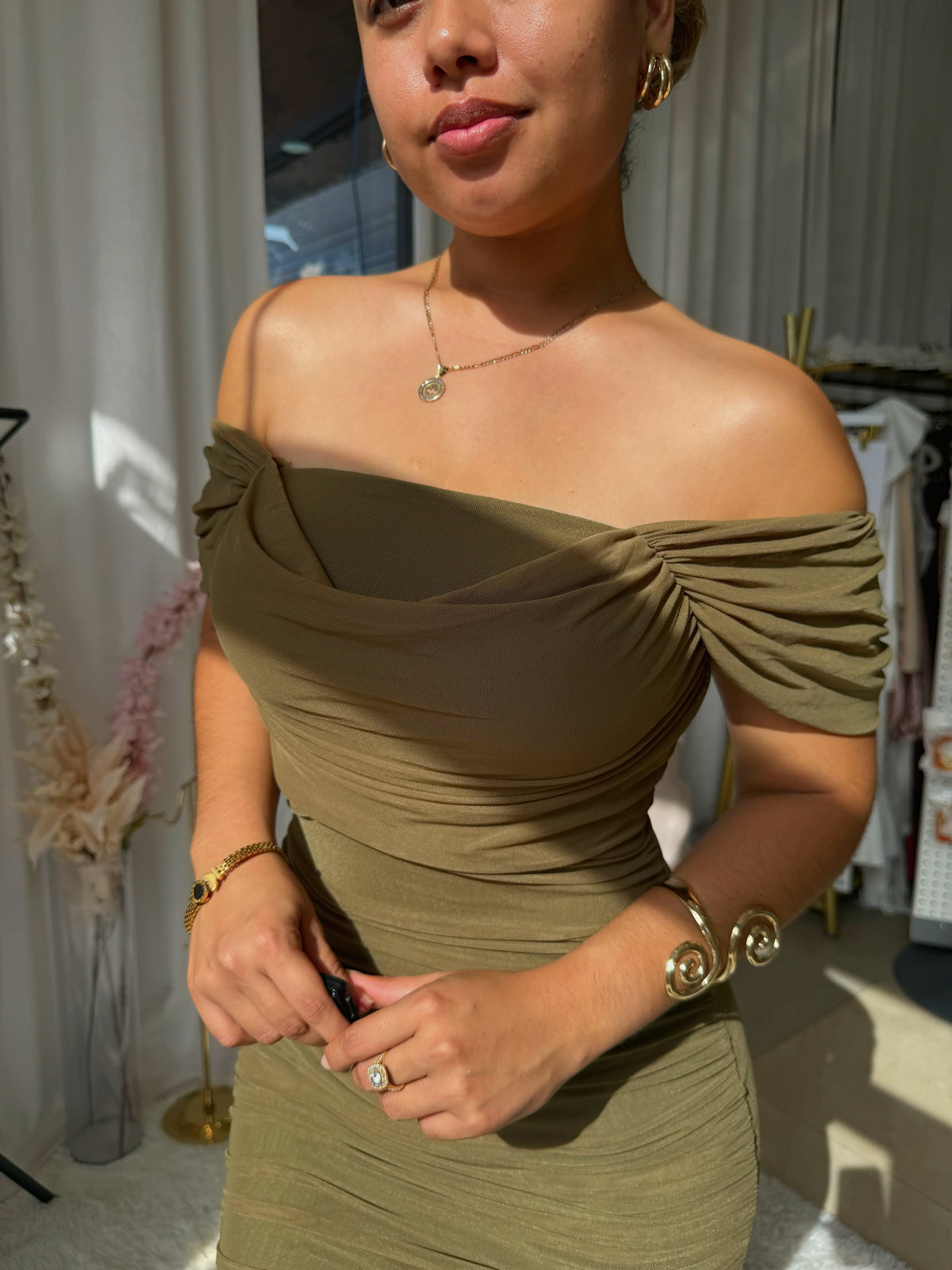 Olive Mesh Layered Midi Dress