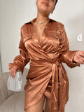 Bronze Satin Belted Wrap Dress