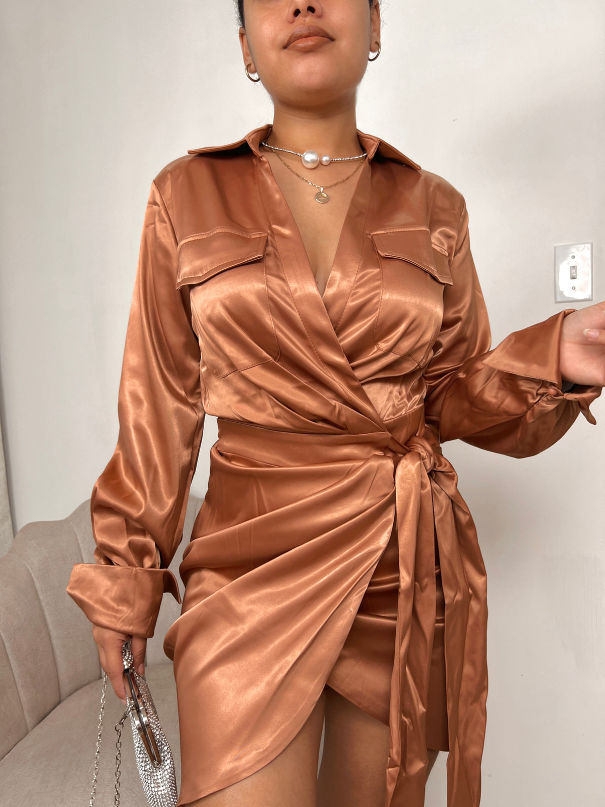 Bronze Satin Belted Wrap Dress