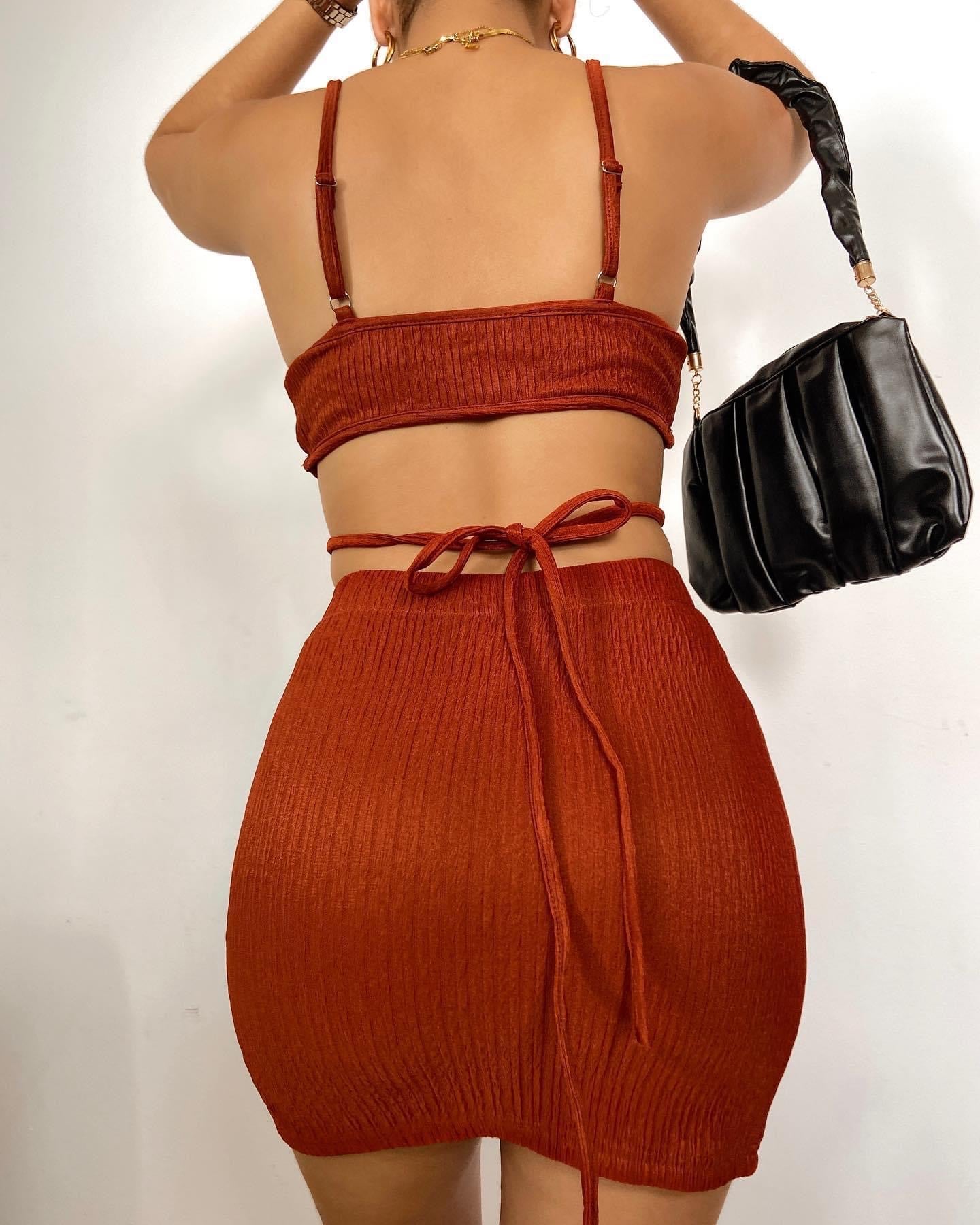 Rust Textured Strappy Skirt Set