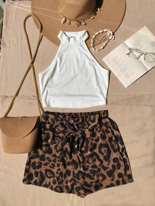 White & Leopard Shorts Set